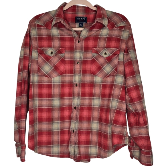 Chaps Denim Tops - Chaps red and tan plaid long-sleeve cotton shirt